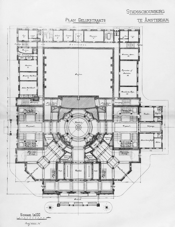 A plan of a building with a circular floor plan